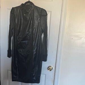 SHEIN Curve Sleek Black Faux Leather Dress with Sheer Peplum Sleeves